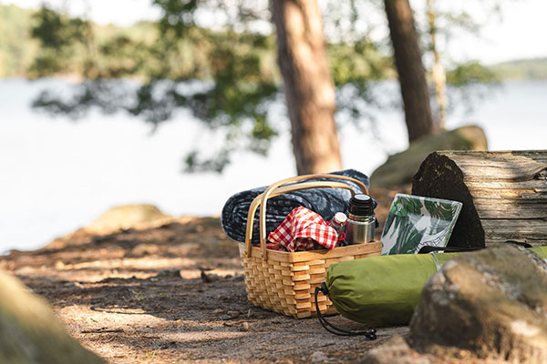 A tent and a picnic basket is waiting to be unpacked in a forest.