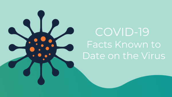 COVID-19 virus image on a teal blue background with the words "COVID-19 Facts known to date on the virus"